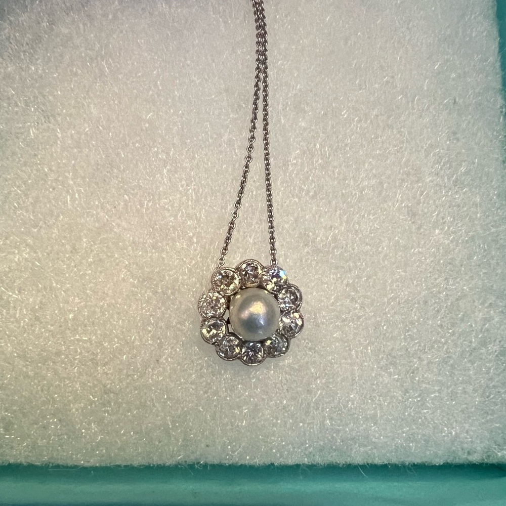 18kt white gold old european cut diamond and natural salt water pearl pendant